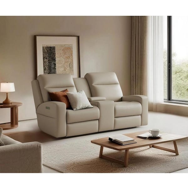 Modern Light Beige Power Reclining Loveseat with Square Arms