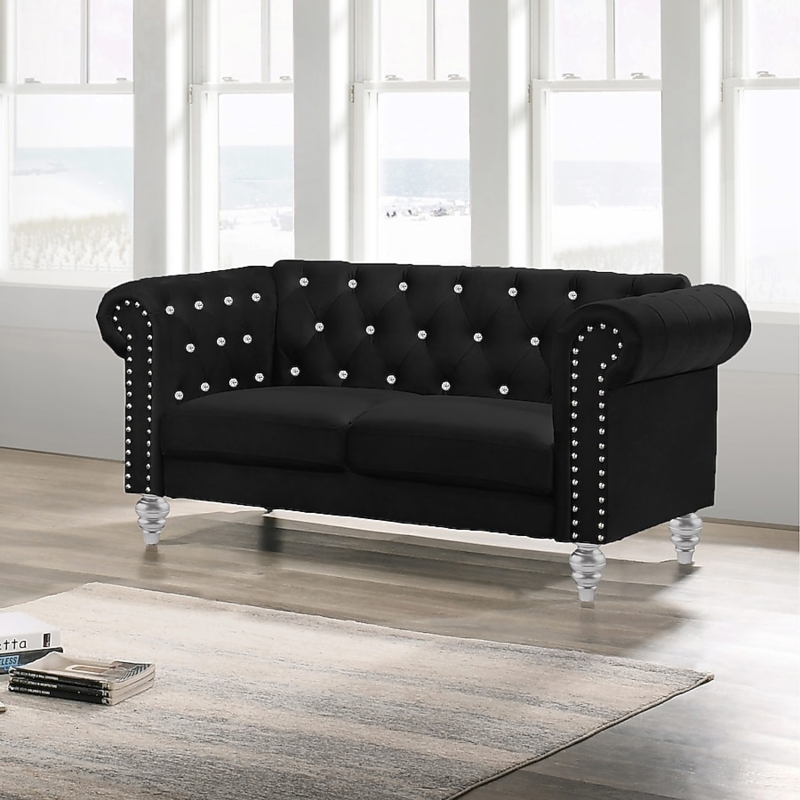 Modern Loveseat Black Velvet Channel Tufted with Gold Legs