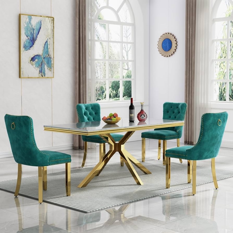 Modern Luxury Dining Set, Faux Marble Top, Gold Pedestal, Green Velvet