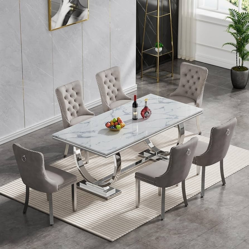Modern Marble Dining Set Grey Velvet Chairs Stainless Steel Legs