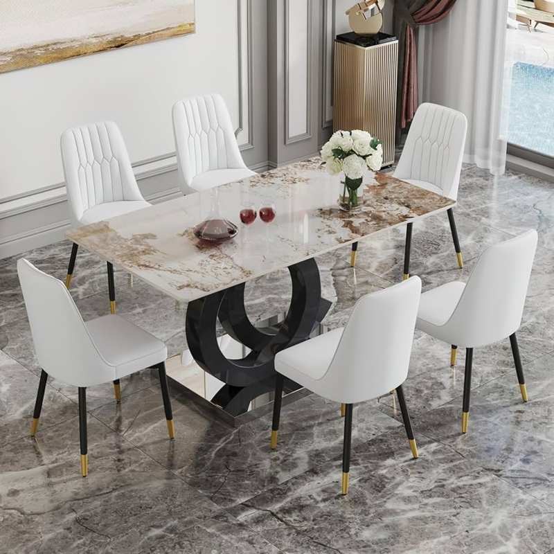 Modern Marble Look Dining Set Diamond Quilted Gray Leather Chairs