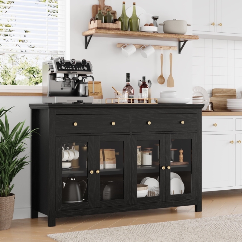 Modern Matte Black Sideboard with Glass Doors and Gold Knobs