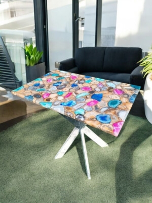 Modern Multicolor Agate Accent Table with Trestle Base