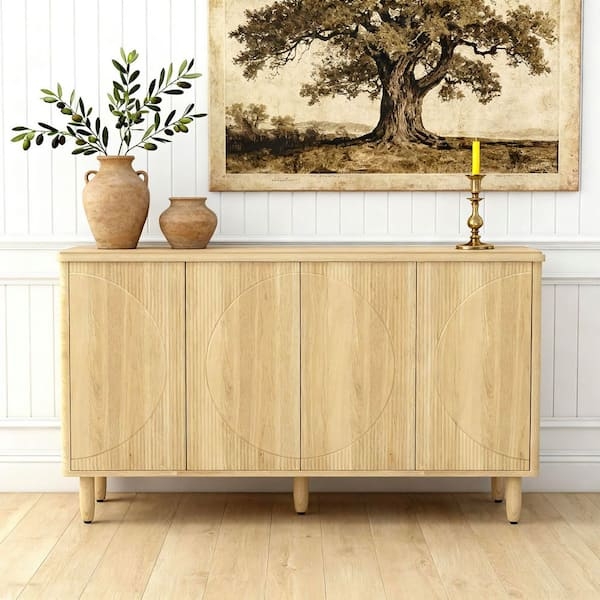 Modern Oatmeal Wood Sideboard with Ribbed Doors and Gold Knobs