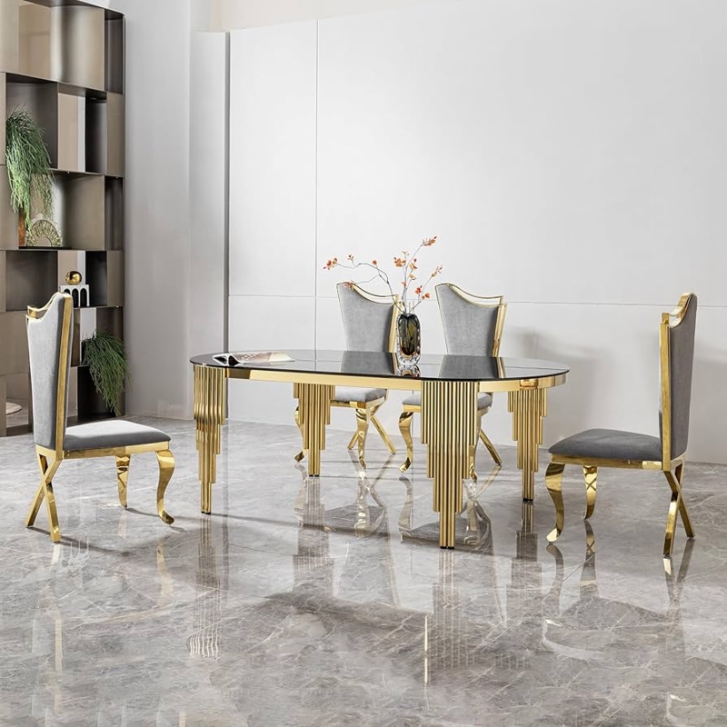 Modern Oval Dining Table Black Glass, Gold Architectural Base