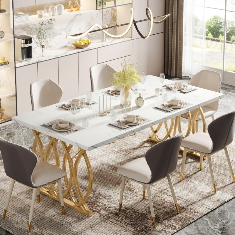 Modern Rectangular Dining Table with Geometric Trestle Base