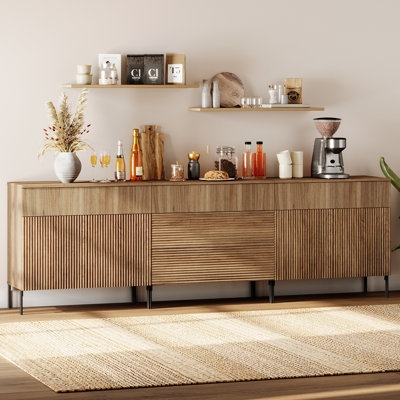 Modern Reeded Sideboard: Minimalist Wood Credenza with Plinth Base