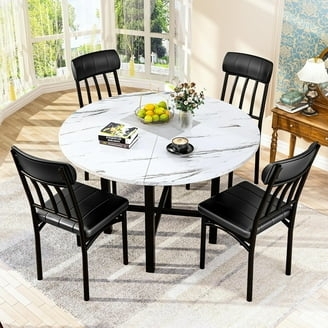 Modern Round Dining Set for 4 with Cross-Base Frame and Grey Chairs