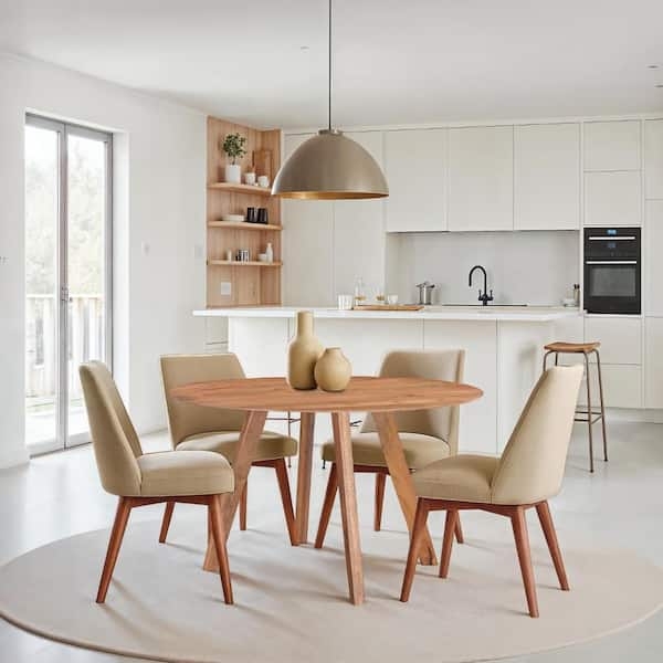 Modern Round Dining Table, Ribbed Pedestal Base, Natural Wood Finish