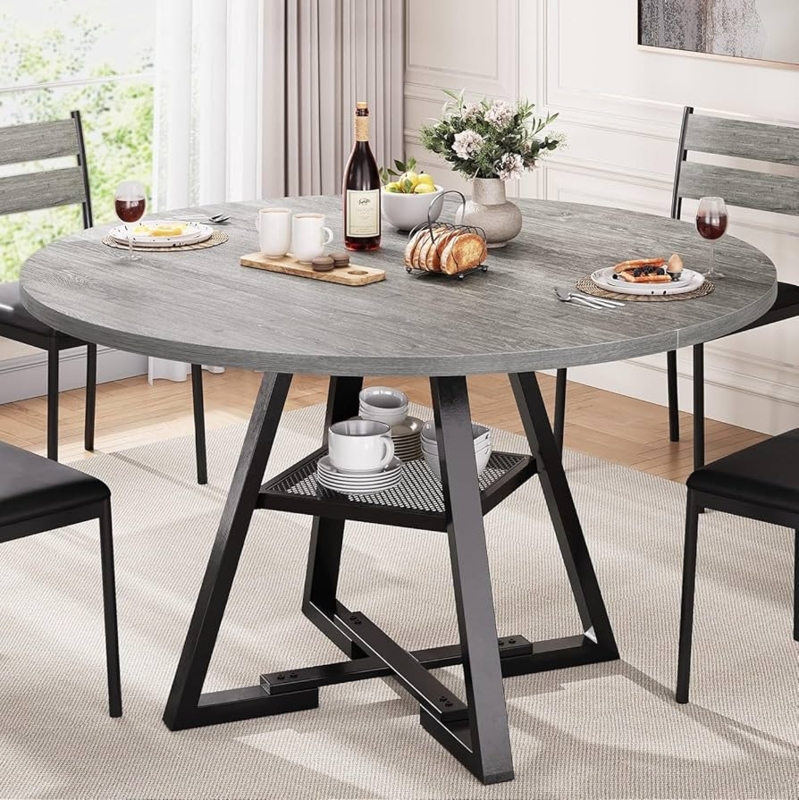 Modern Round Dining Table with Conical Base in Distressed Gray Finish