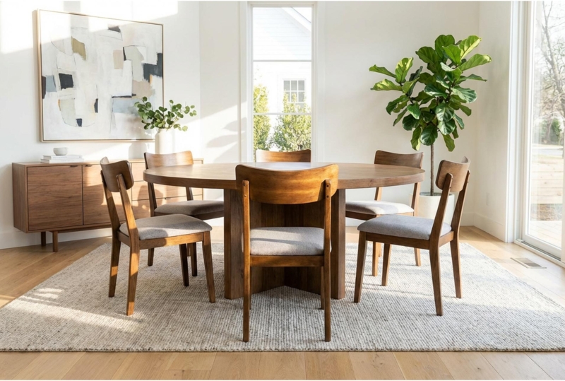 Modern Scandinavian Dining Chairs Set Curved Back Beige Fabric Wood Legs