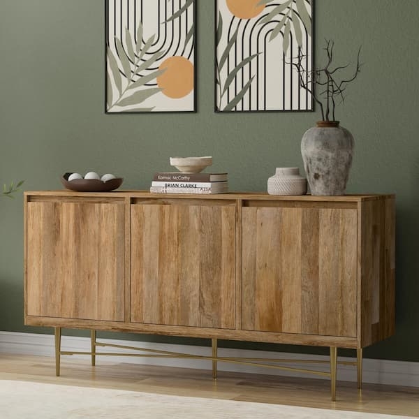 Modern Sideboard Chevron Pattern Natural Wood Slim Metal Base
