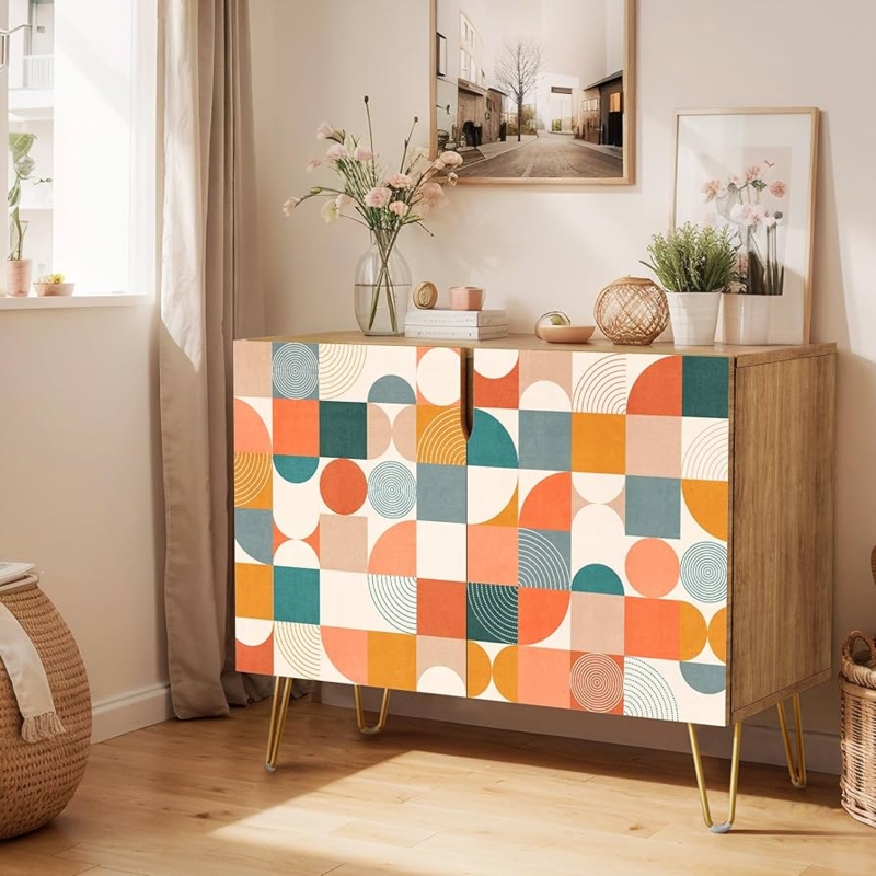 Modern Sideboard Geometric Polygon Pattern Colorful Collage Art