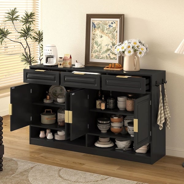 Modern Sideboard Open Storage Compartments Mesh Door Panels Black