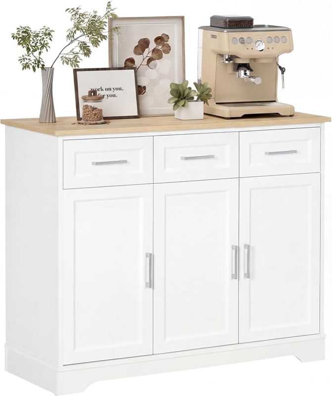 Modern Sideboard Three Center Drawers Black Horizontal Handles White