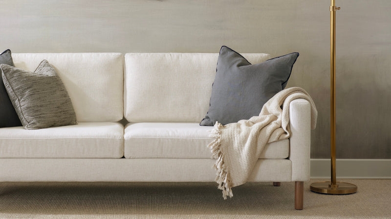 Modern Slate Blue Loveseat with Track Arms and Tapered Wood Legs