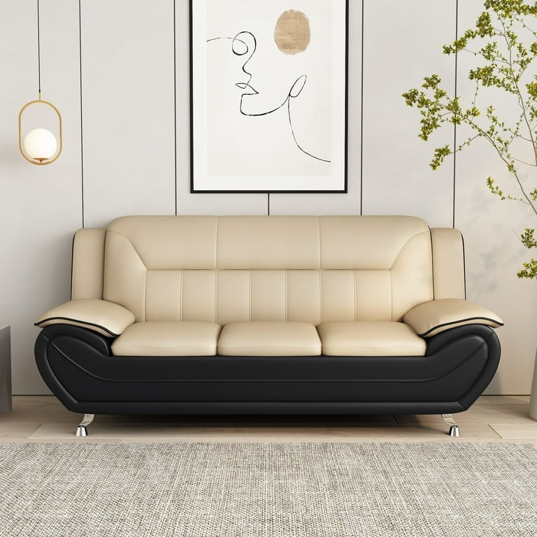 Modern Sofa featuring Two-Tone Black and Camel Faux Leather