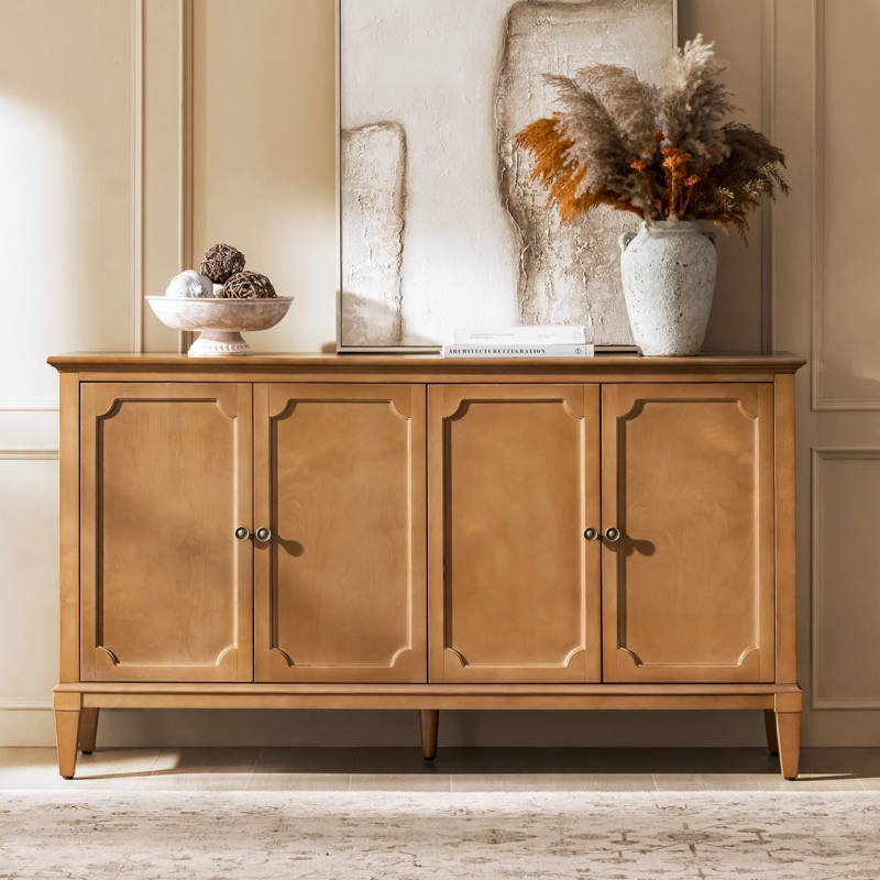 Modern Sunburst Buffet Cabinet, Light Natural Wood Four Door Storage