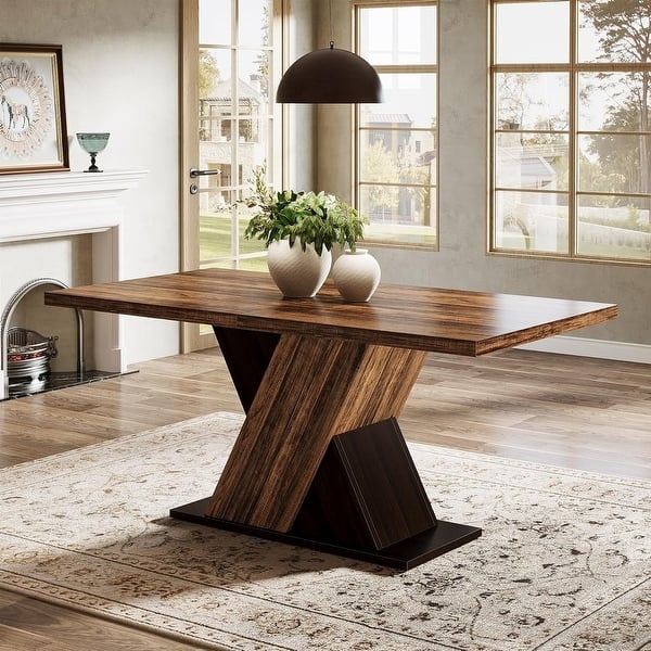 Modern Transitional Dining Table with Wood Grain Top and Metal Legs