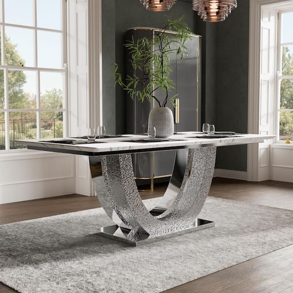 Modern U-Shaped Pedestal Dining Table with Silver Sintered Stone Top