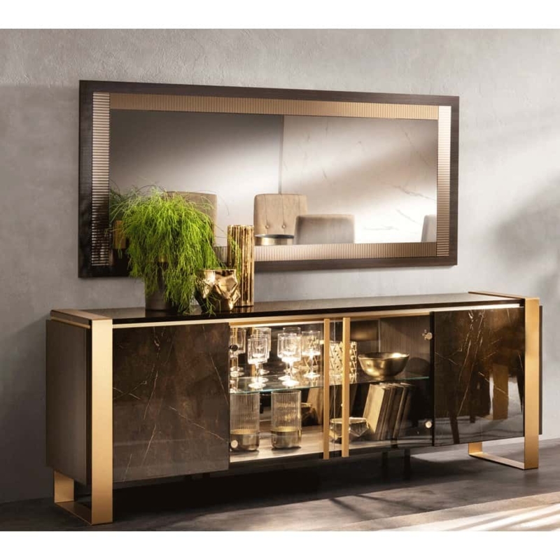 Modern Walnut and Gold Wall Mirror Wide Recessed Frame