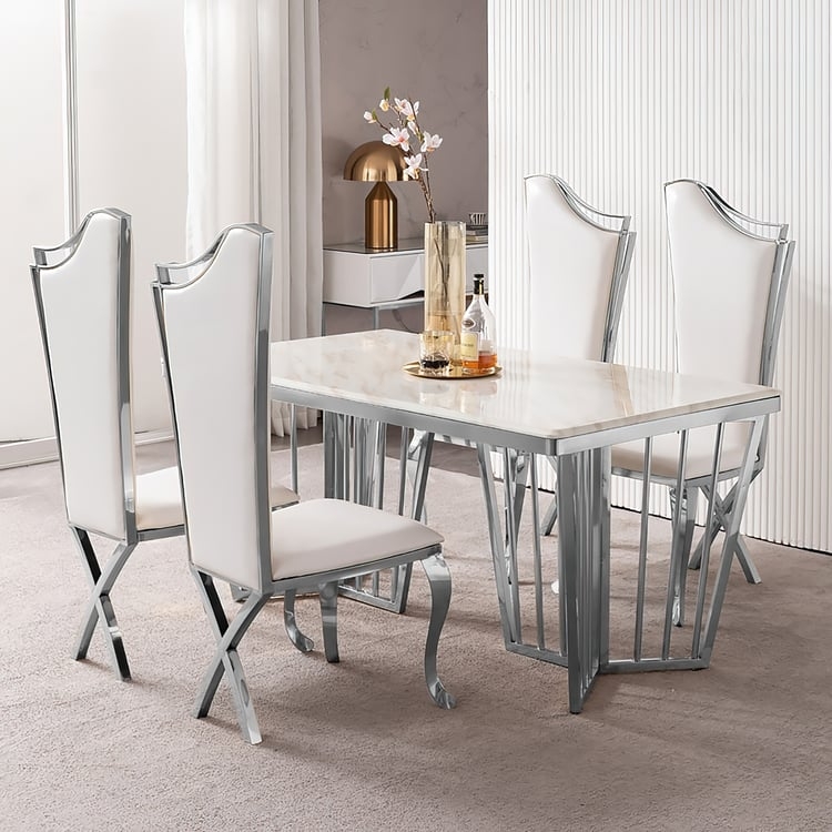 Modern White High Back Dining Chairs with Silver Tapered Legs