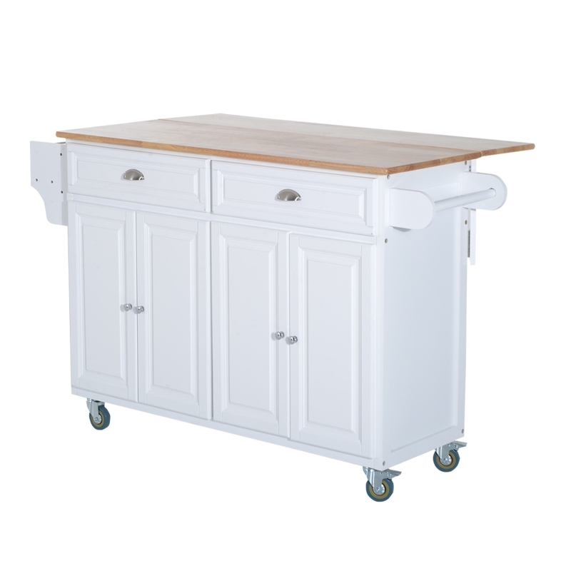 Modern White Kitchen Island with Silver Knobs, Drop Leaf Wood Top.