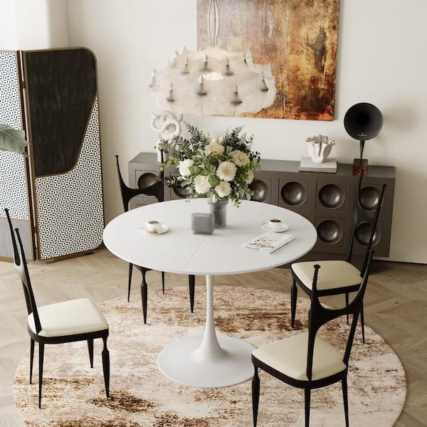 Modern White Kitchen Table, Round Wood Grain Top, Flared Pedestal