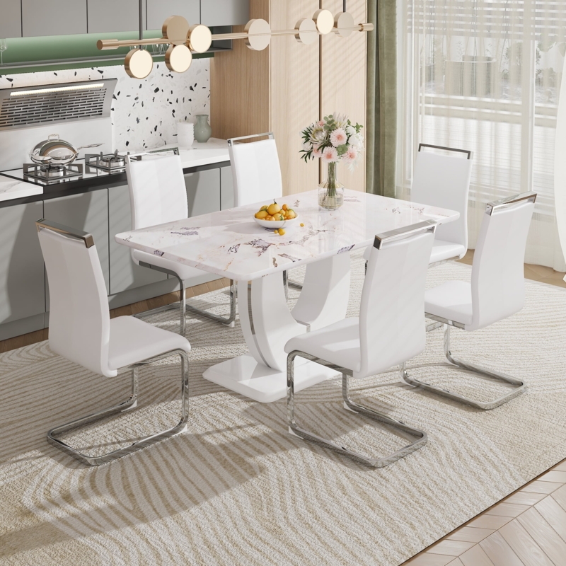 Modern White Marble Dining Set Gold Metal Legs High Back Silhouette