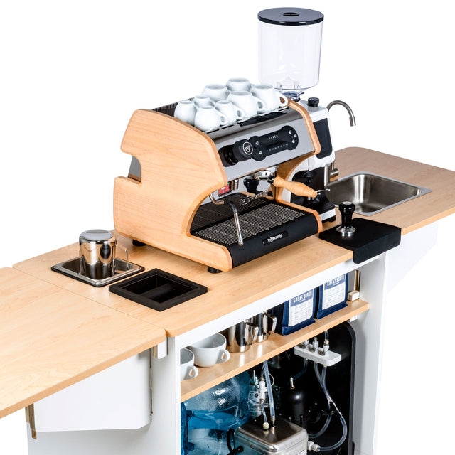 Modern Wood Coffee Cart with Folding Side Shelves, Maple and Black