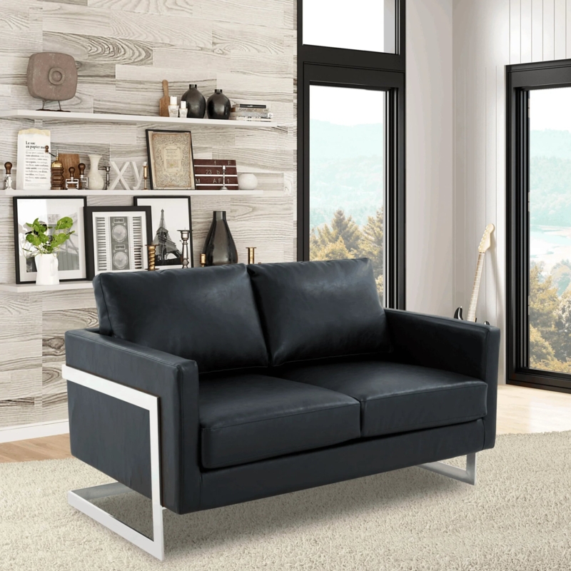 Modernist Black Leather-like Loveseat with Tubular Chrome Frame.