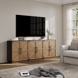 Modular Light Wood Sideboard Set with Slatted Doors and Gold Legs