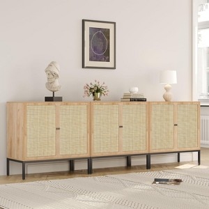 Modular Living Room Storage Solution with Rattan Doors, Light Wood
