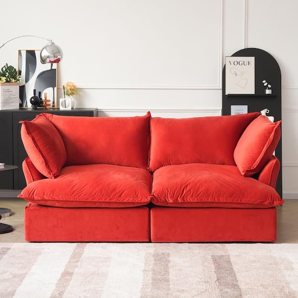 Modular Loveseat Deep Seat Red Linen Upholstery Bold Seating