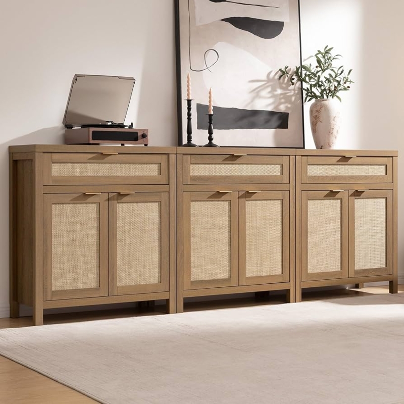 Modular Sideboard Set of 3 with Rattan Inserts and Oak Finish