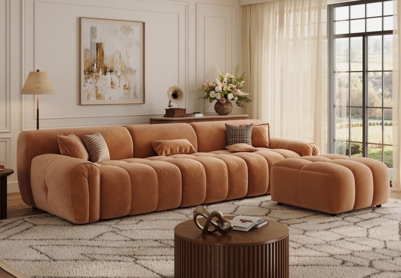 Modular Sofa Set Cognac Leather-Like Hand-Tufted with Ottoman