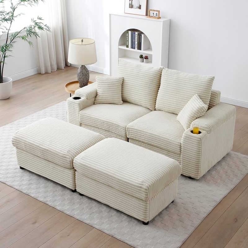 Modular Sofa with Integrated Cup Holders Ribbed Corduroy Layout