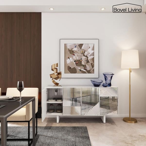 Mosaic Mirrored Sideboard with Geometric Door Panels and Metal Legs