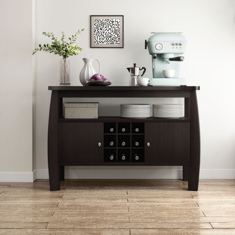 Multi-Storage Buffet Table with Hanging Stemware Rack