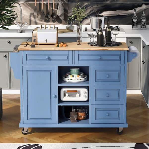 Muted Blue Kitchen Cart featuring Three Storage Drawers