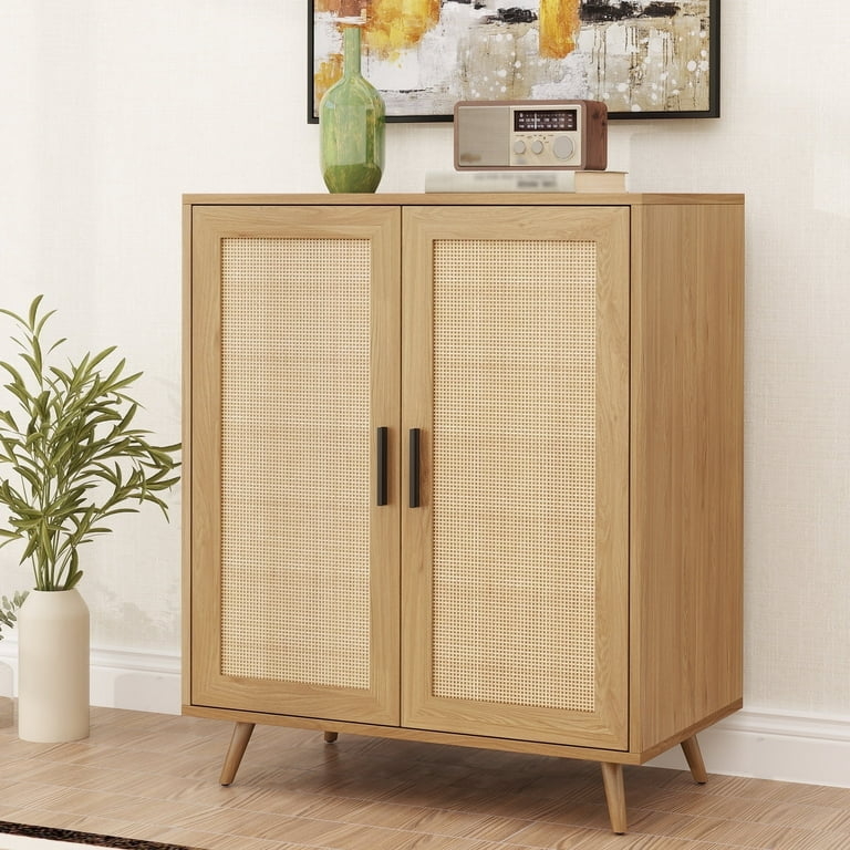 Narrow Accent Cabinet with Slim Profile and Woven Rattan Panels