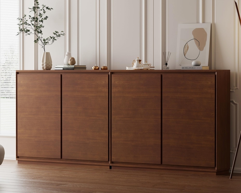 Narrow Mid-Century Modern Sideboard, Slatted Walnut Doors