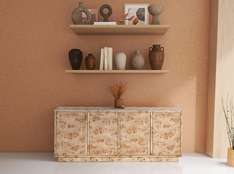 Natural Burl Wood Sideboard with Vertical Gold Handles