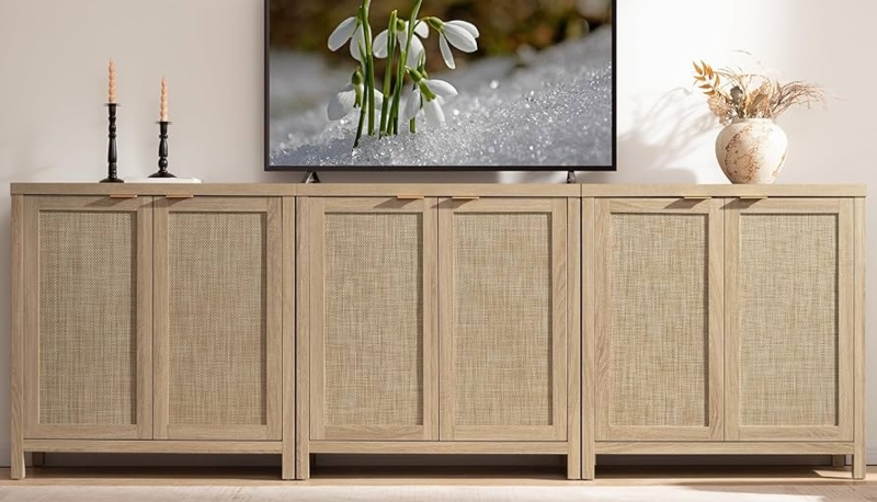 Natural Rattan Sideboard Buffet Modular Set in Light Oak Finish