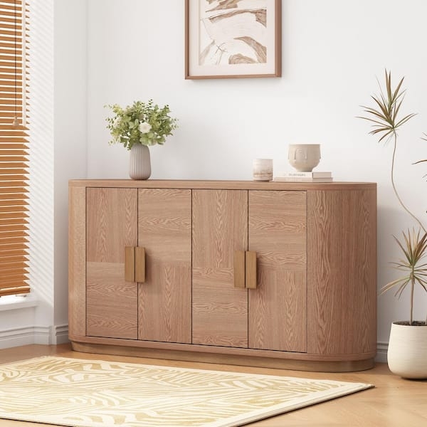 Natural Wood 4-Door Sideboard on Black Metal Base