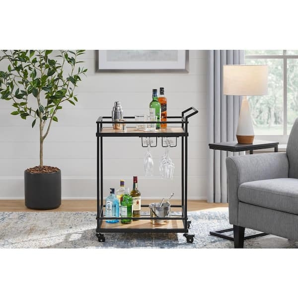 Natural Wood Bar Cart Black Metal Frame Curved Handle