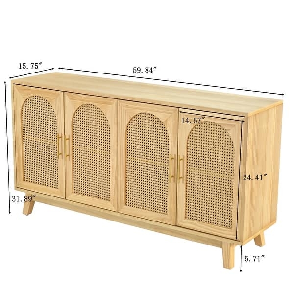 Natural Wood Buffet with Rattan Inlay and Black Metal Accents