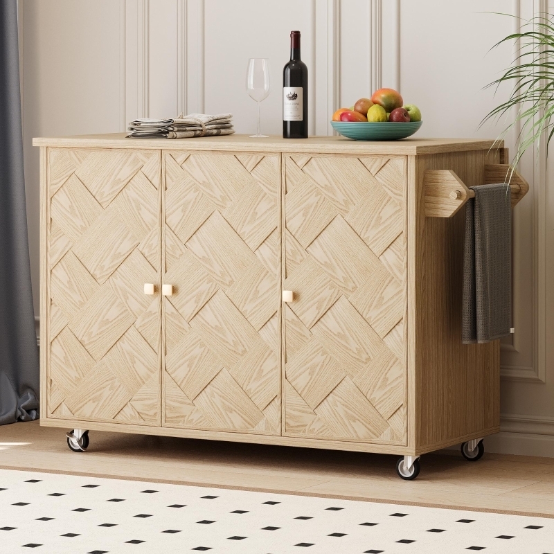 Natural Wood Kitchen Cart On Wheels With Woven Door Panels
