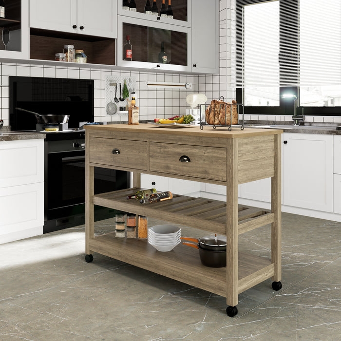 Natural Wood Kitchen Island Cart, Cup Pulls, Slatted Bottom Shelf