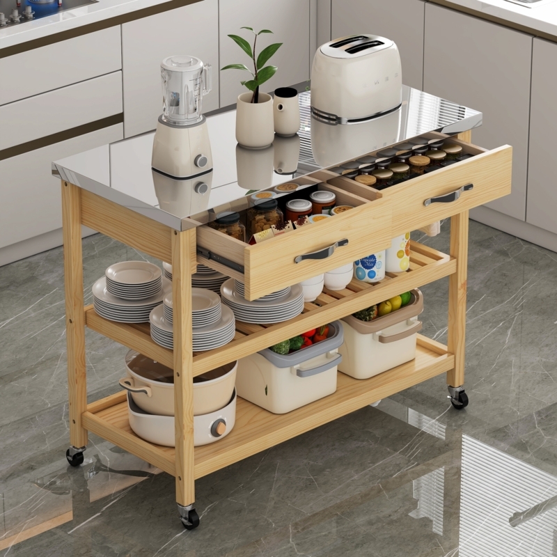 Natural Wood Kitchen Island Cart with Metallic Top and Slatted Shelves